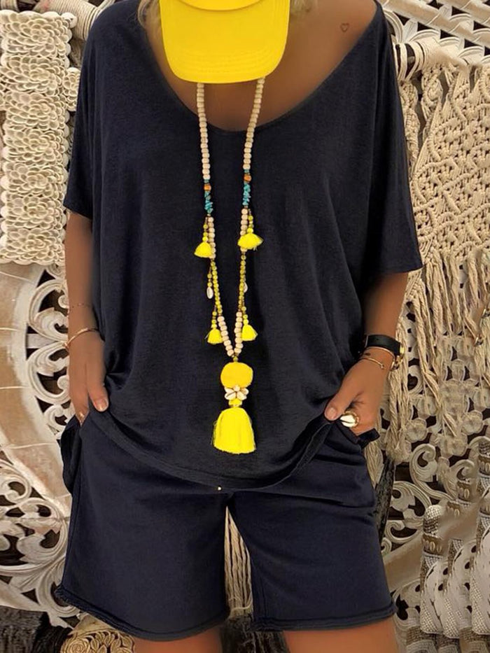 Two-piece Suit with Wings Printed on The Back of Casual Round Neck