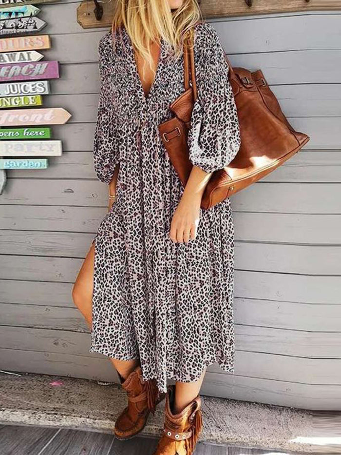 V-neck Bohemian Leopard Print Casual Dress