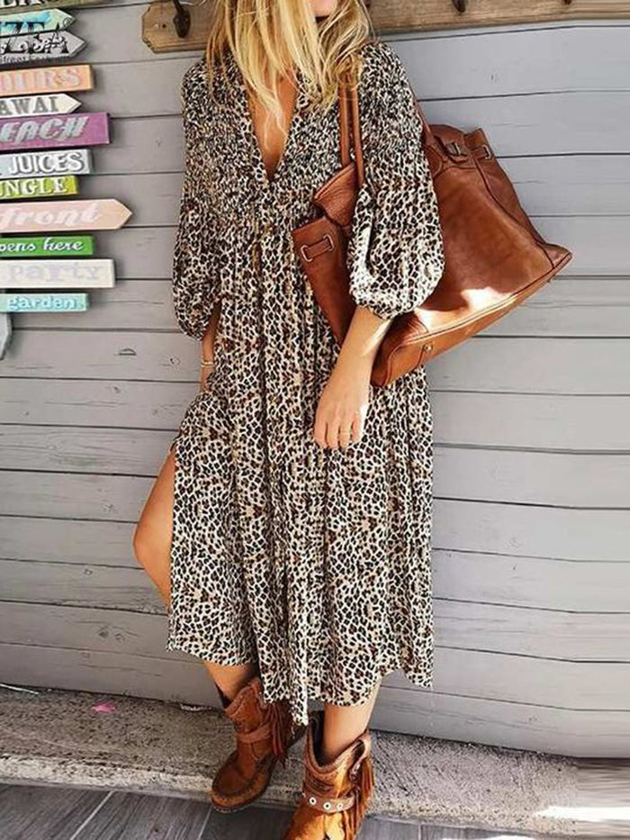 V-neck Bohemian Leopard Print Casual Dress