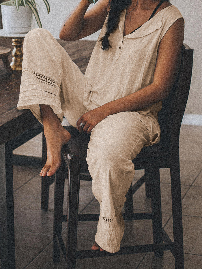 V-neck Casual Cotton and Linen Sleeveless Loose Two-piece Suit