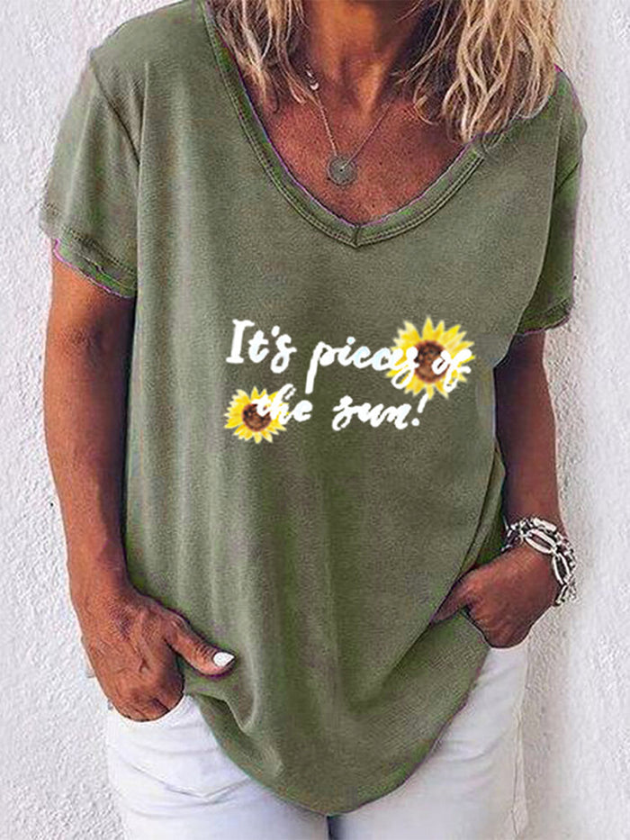 V-neck Floral Letter Printed Short-sleeved T-shirt