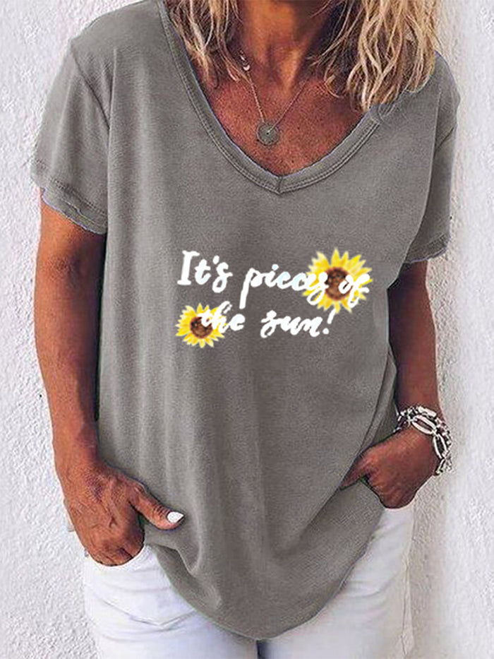 V-neck Floral Letter Printed Short-sleeved T-shirt
