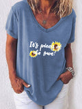 V-neck Floral Letter Printed Short-sleeved T-shirt