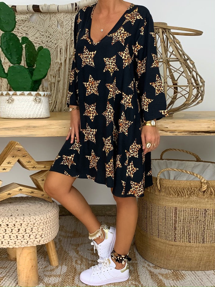 V-neck Long Sleeve Star Print Midi Dress