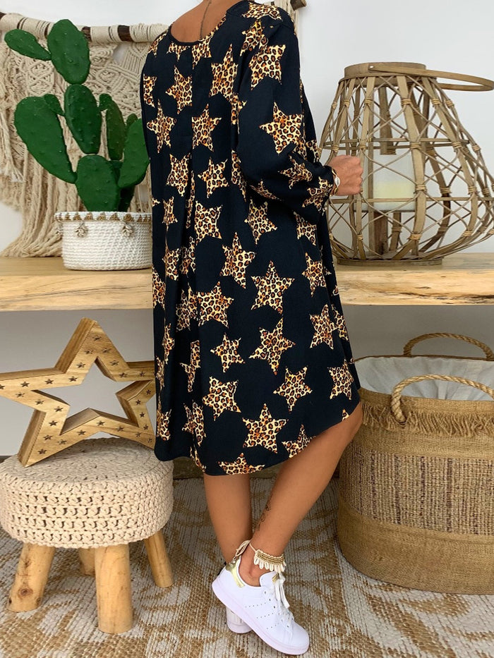 V-neck Long Sleeve Star Print Midi Dress