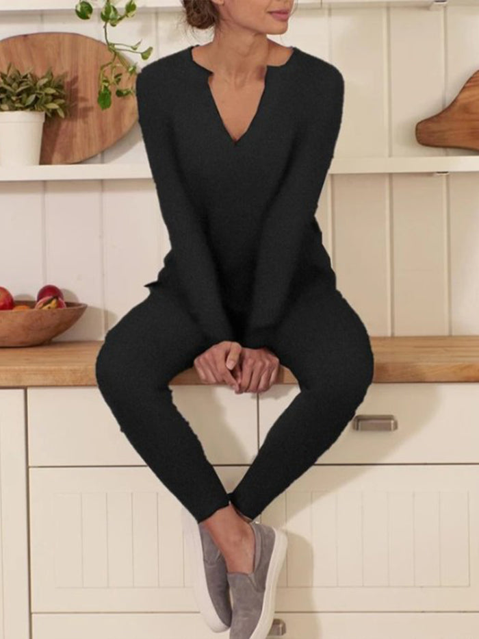 V-Neck Long Sleeve Top And Drawstring Slim Pants Set