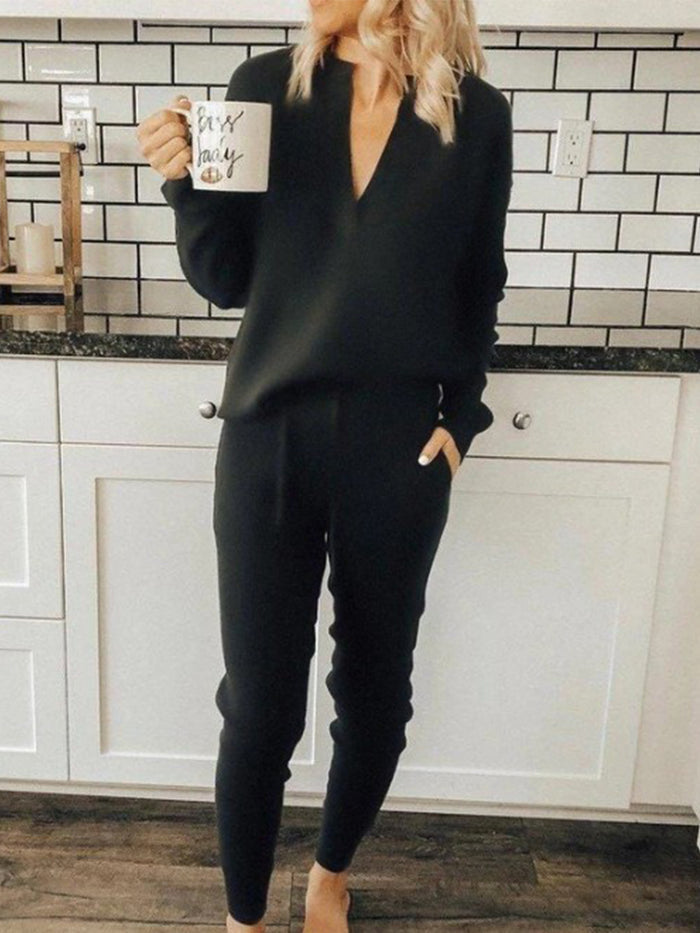 V-Neck Long Sleeve Top And Drawstring Slim Pants Set