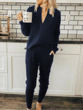 V-Neck Long Sleeve Top And Drawstring Slim Pants Set