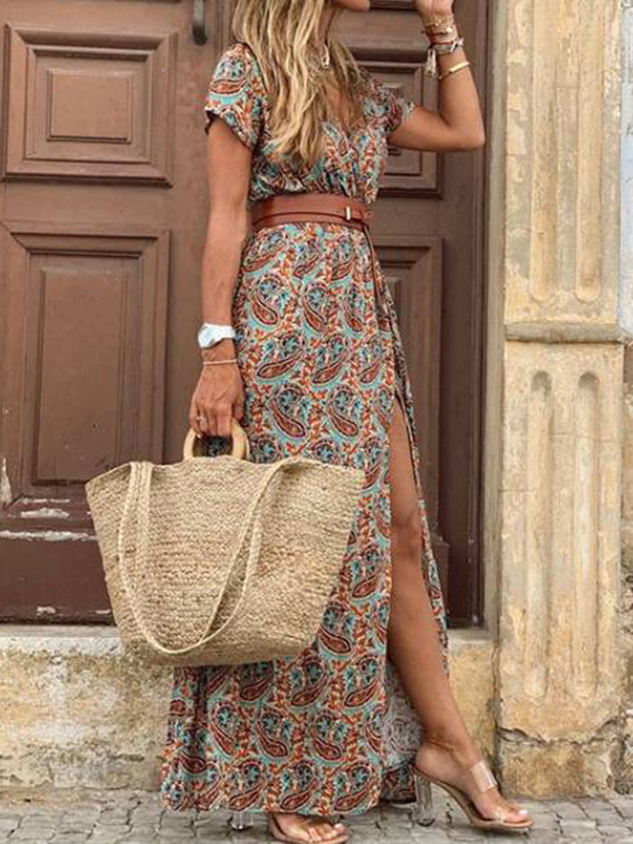 V Neck Print Short Sleeve Split Maxi Dress