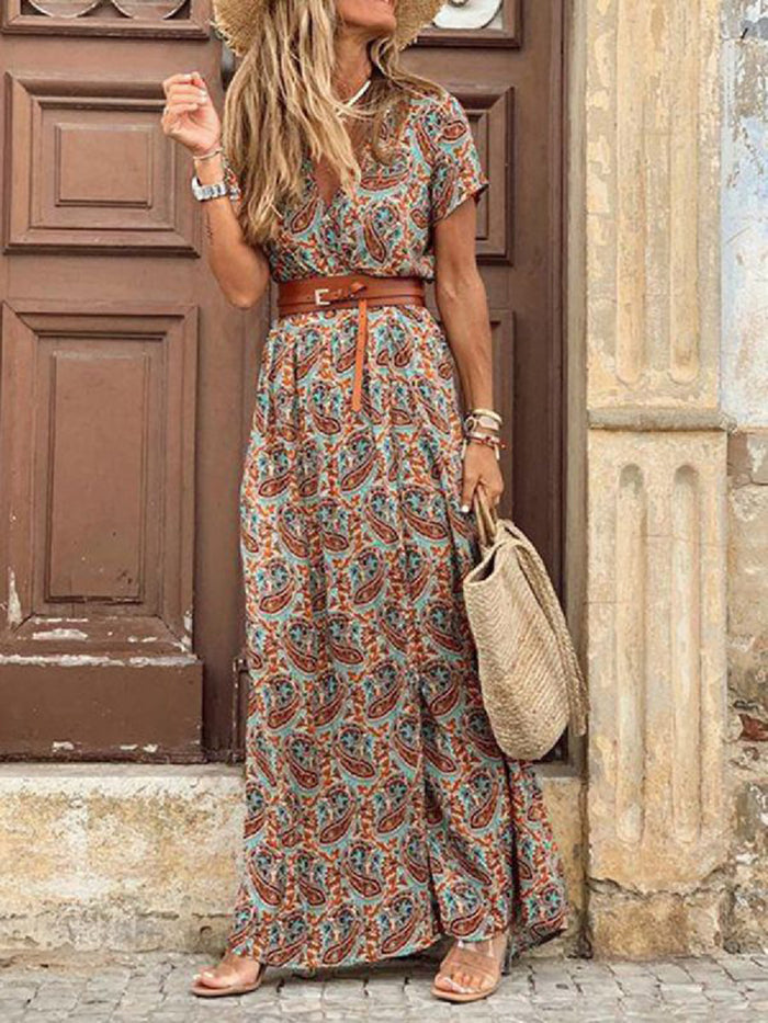 V Neck Print Short Sleeve Split Maxi Dress