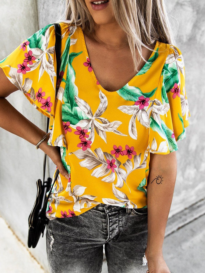 V-Neck Printed Short-Sleeved T-Shirt