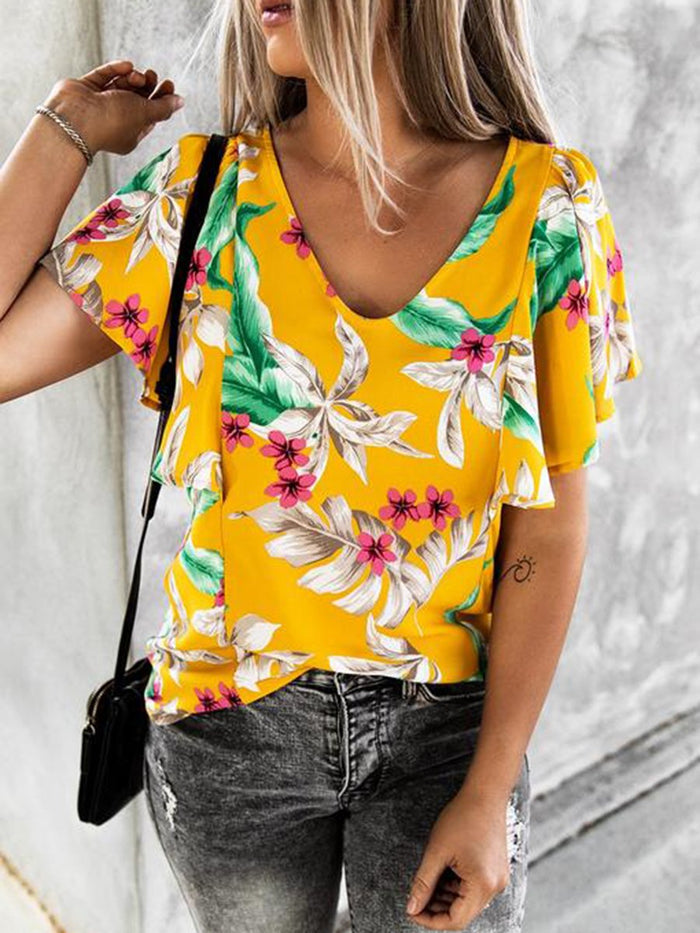 V-Neck Printed Short-Sleeved T-Shirt
