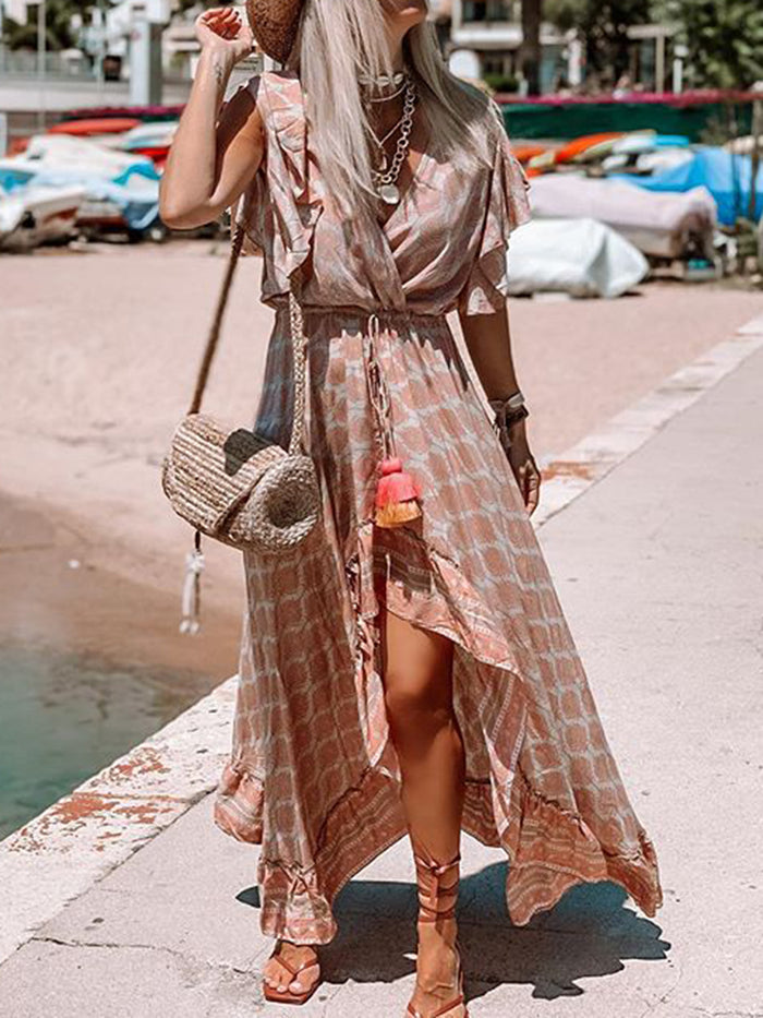 V-neck Ruffled Printed Maxi Dresses