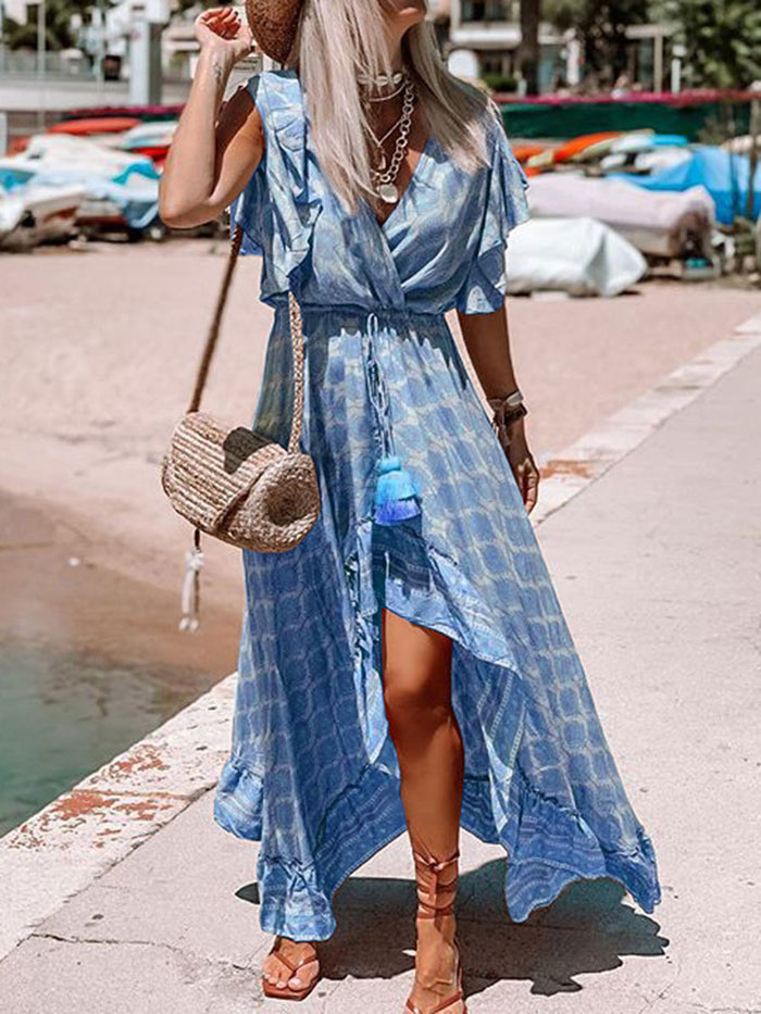 V-neck Ruffled Printed Maxi Dresses