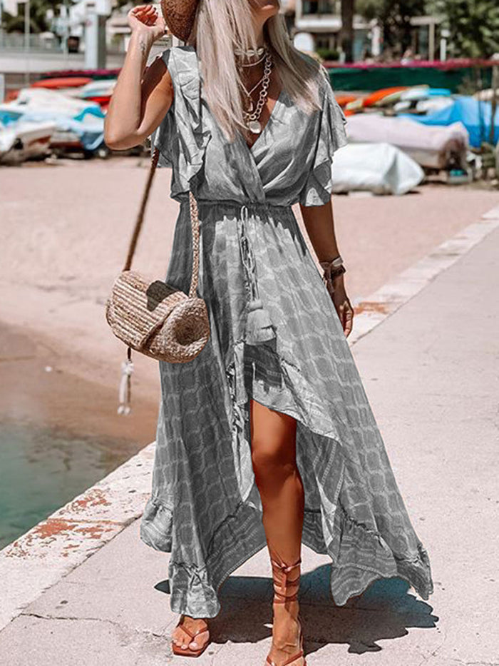 V-neck Ruffled Printed Maxi Dresses