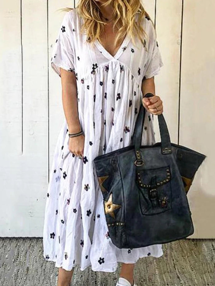 V-neck Short Sleeve Printed A-line Floral Dress