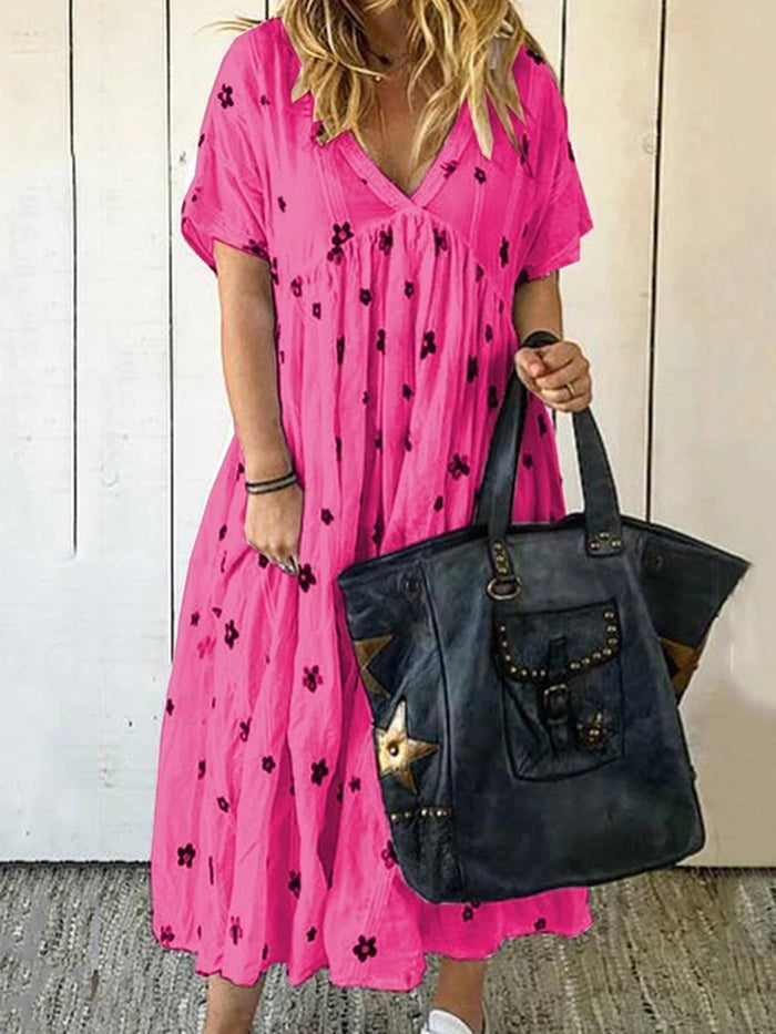 V-neck Short Sleeve Printed A-line Floral Dress