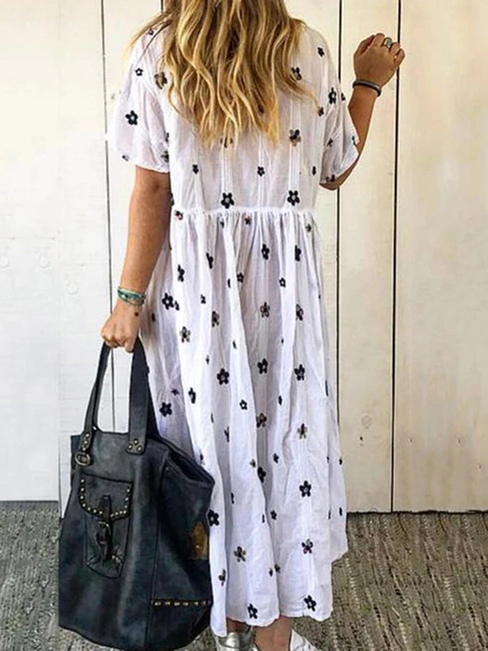 V-neck Short Sleeve Printed A-line Floral Dress