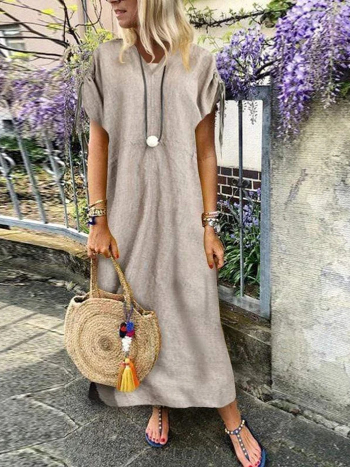 V Neck Short Sleeve Pure Plain Casual Dress