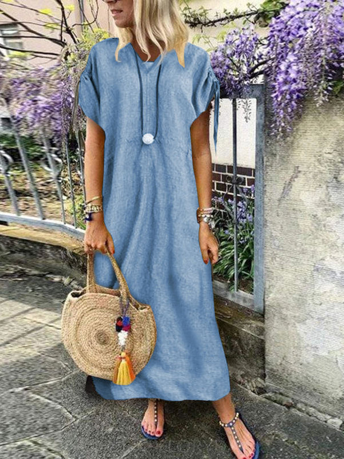 V Neck Short Sleeve Pure Plain Casual Dress