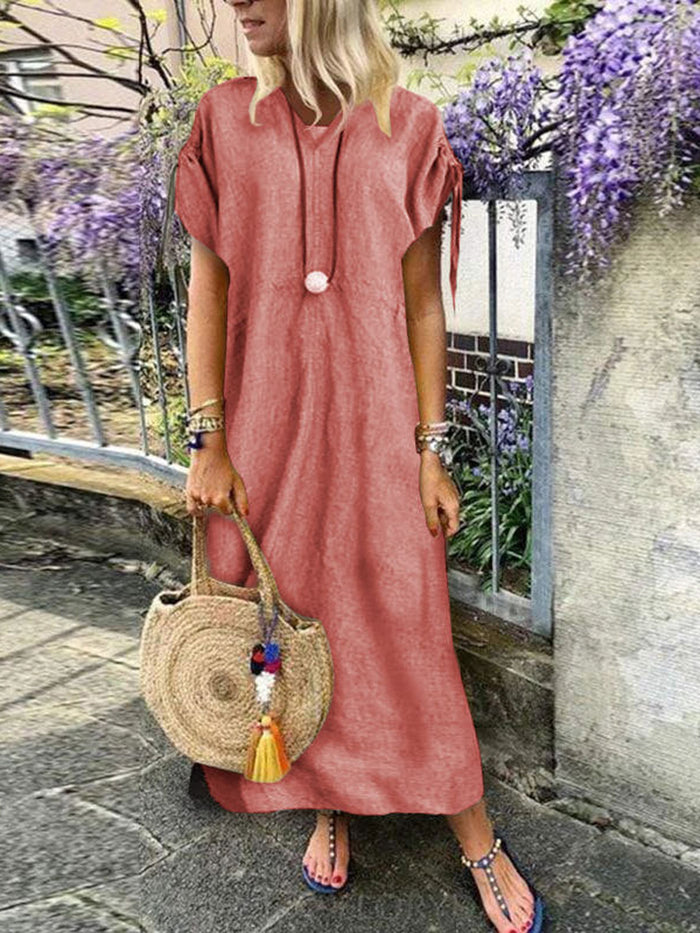 V Neck Short Sleeve Pure Plain Casual Dress
