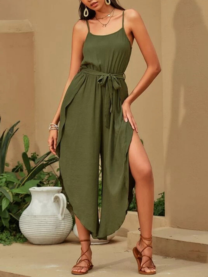 V-neck Solid Color Lace-up Jumpsuit