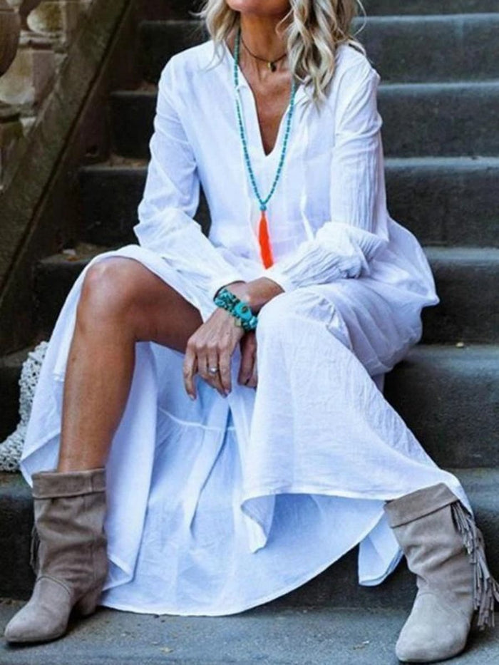 V-Neck Solid Color Loose Long Dress