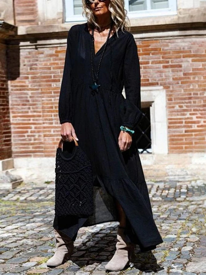 V-Neck Solid Color Loose Long Dress