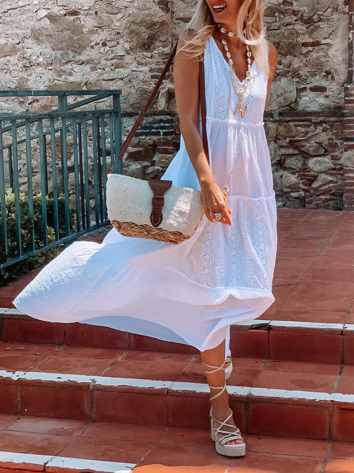 V-Neck Solid Color Sleeveless Dress
