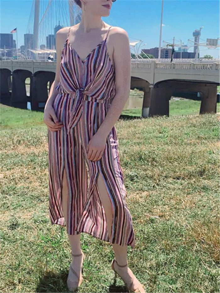 V-neck Stripe Printed Loose Jumpsuit
