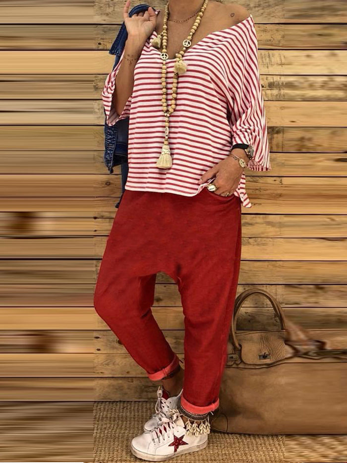 V-neck Striped Top Trousers Casual Suit