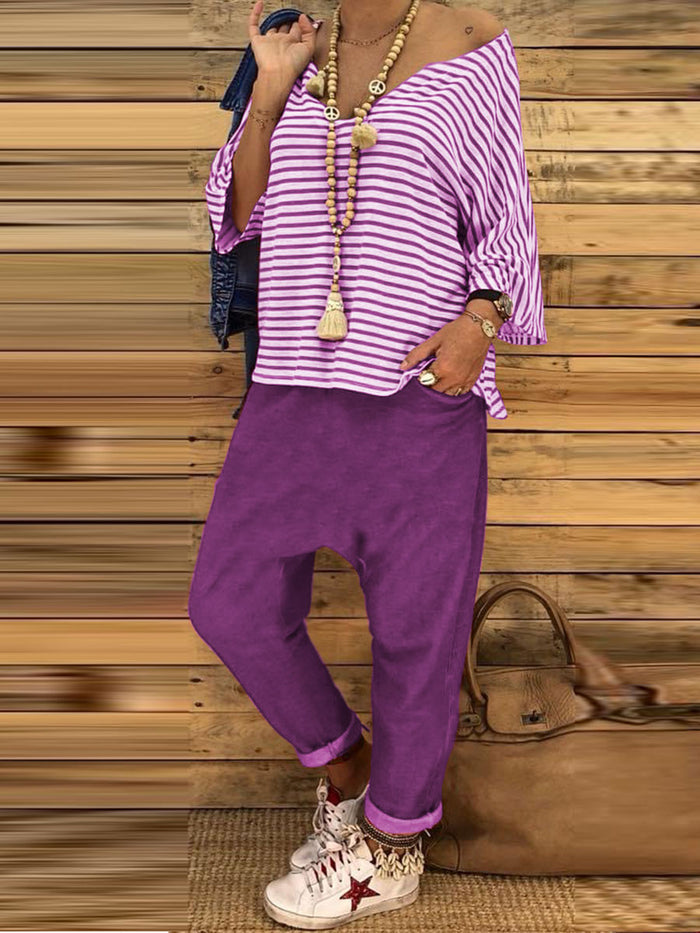 V-neck Striped Top Trousers Casual Suit