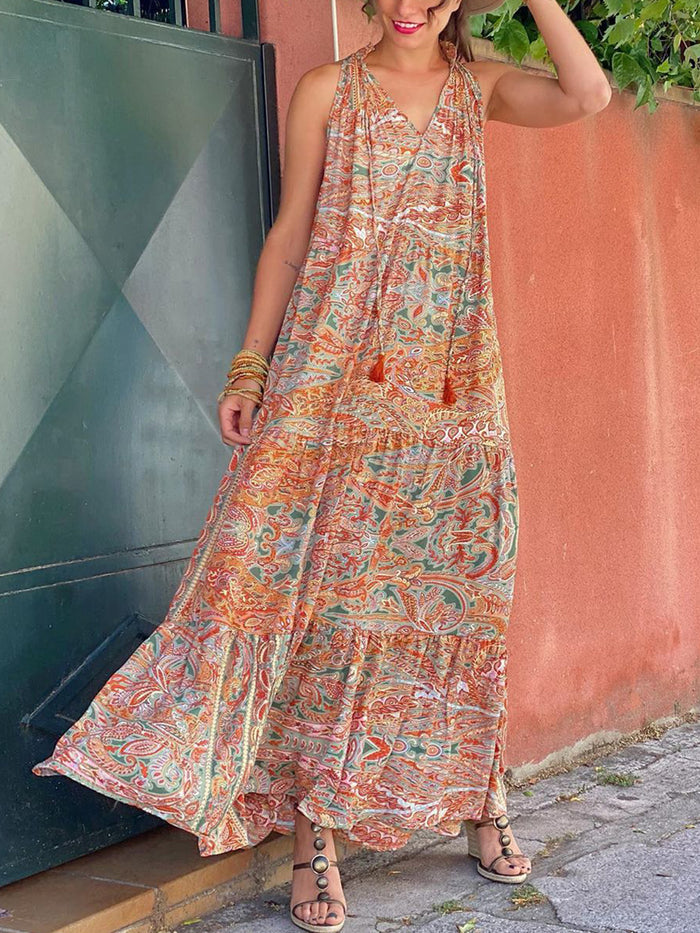 Vintage Bohemian Casual Loose V Neck Floral Dress