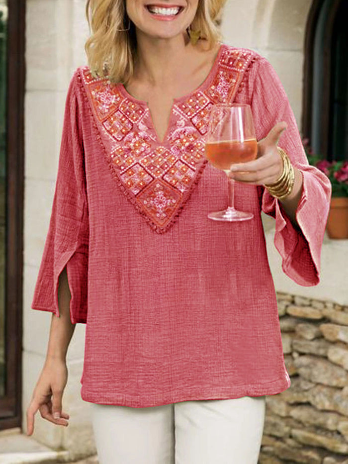 Vintage Bohemian Casual Loose V-Neck Floral Shirt Top