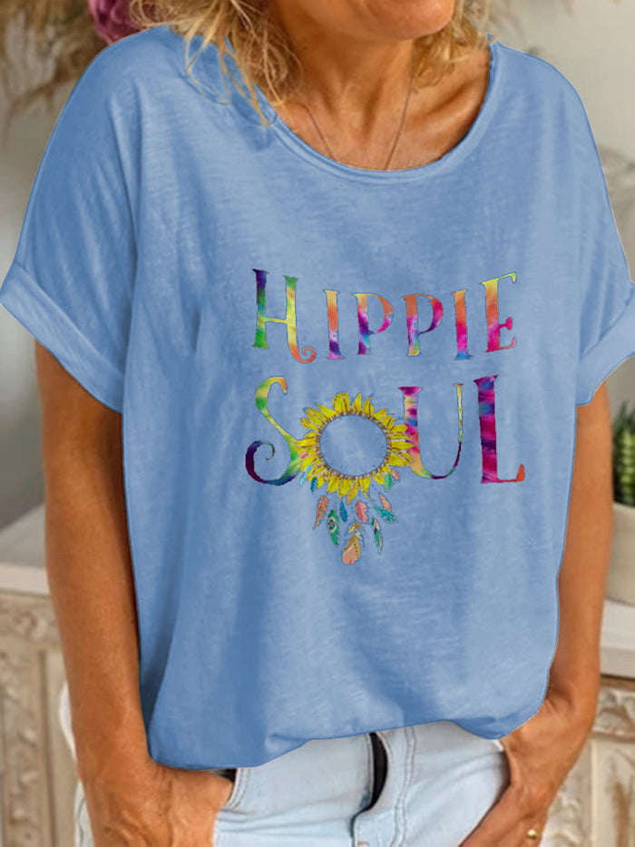 Vintage Round Neck Casual Printed T-Shirts Tops