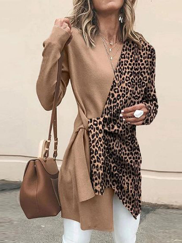 Vintage V-Neck Leopard Print Belted Long Sleeve Midi Top