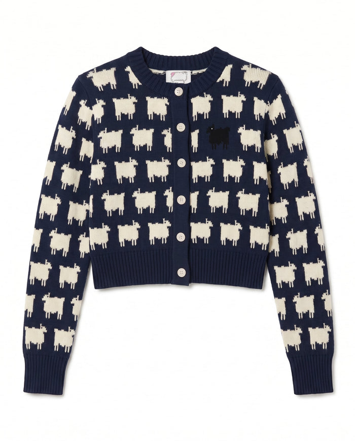 Warm & Wonderful Cotton Cropped Sheep Cardigan Navy Navy / XL