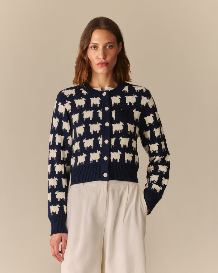 Warm & Wonderful Cotton Cropped Sheep Cardigan Navy Navy / XL