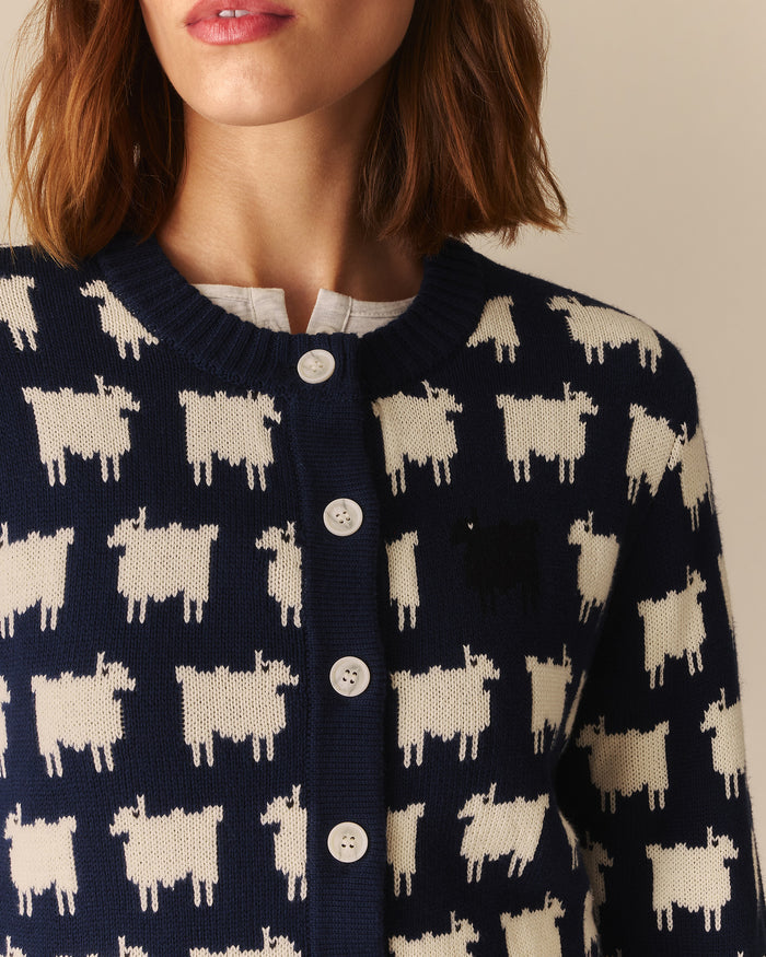 Warm & Wonderful Cotton Cropped Sheep Cardigan Navy Navy / XL