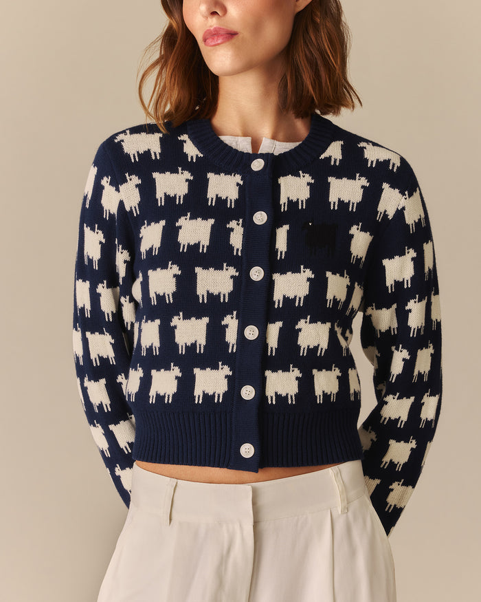 Warm & Wonderful Cotton Cropped Sheep Cardigan Navy Navy / XL