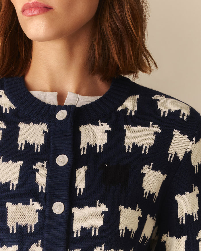 Warm & Wonderful Cotton Cropped Sheep Cardigan Navy Navy / XL
