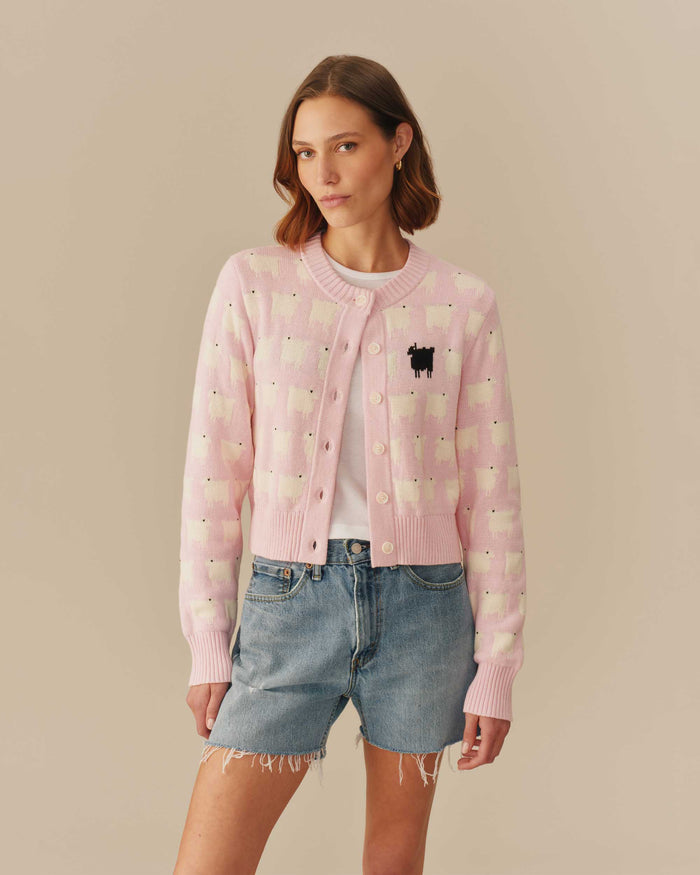 Warm & Wonderful Cotton Cropped Sheep Cardigan Pink