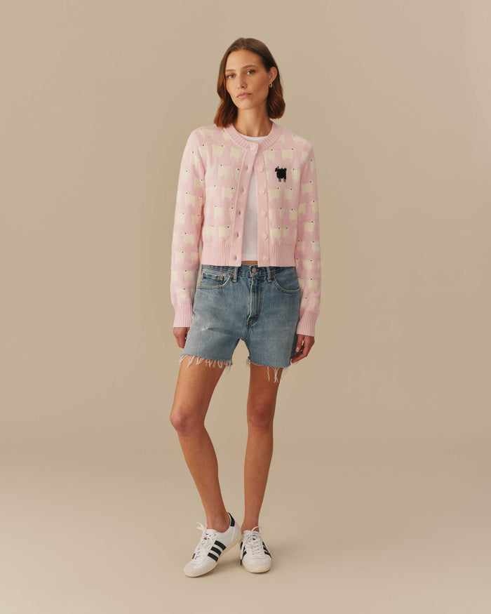 Warm & Wonderful Cotton Cropped Sheep Cardigan Pink