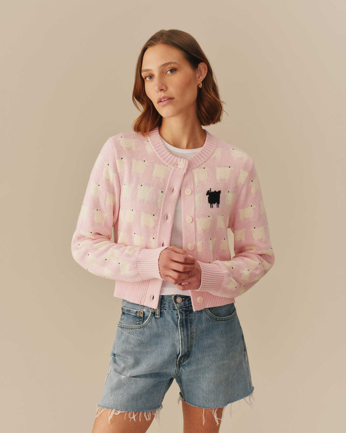 Warm & Wonderful Cotton Cropped Sheep Cardigan Pink