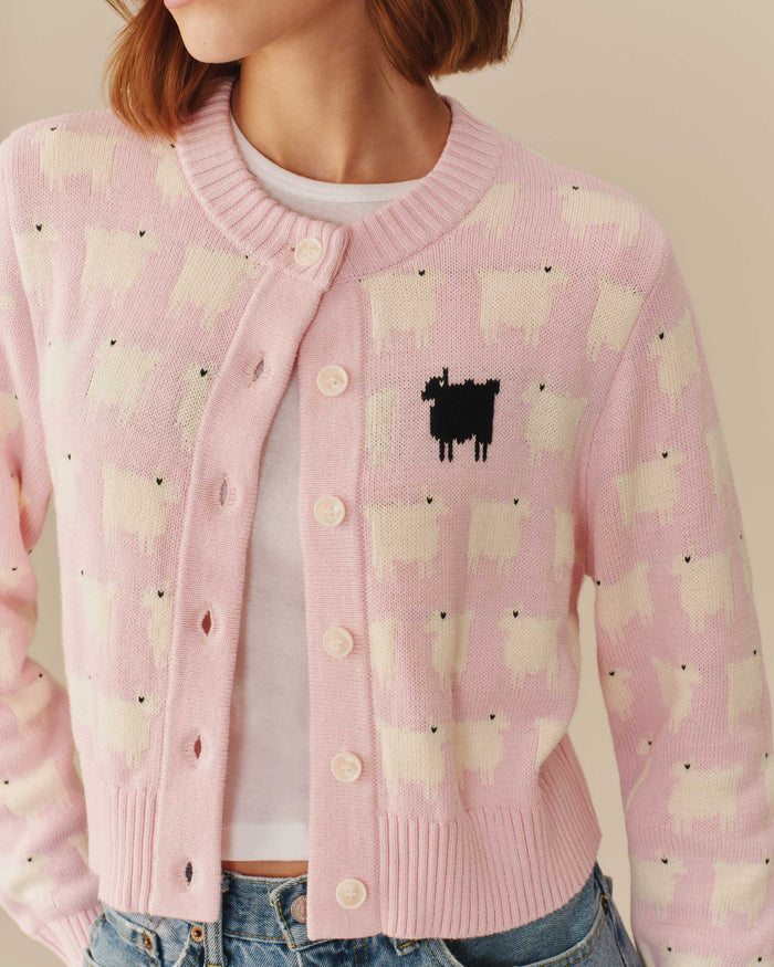 Warm & Wonderful Cotton Cropped Sheep Cardigan Pink