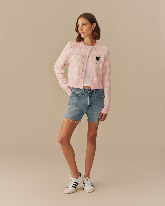 Warm & Wonderful Cotton Cropped Sheep Cardigan Pink