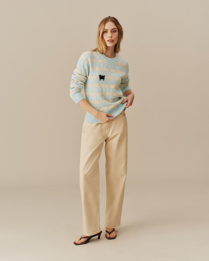 Warm & Wonderful Cotton Linen Crew Neck Sheep Sweater Blue