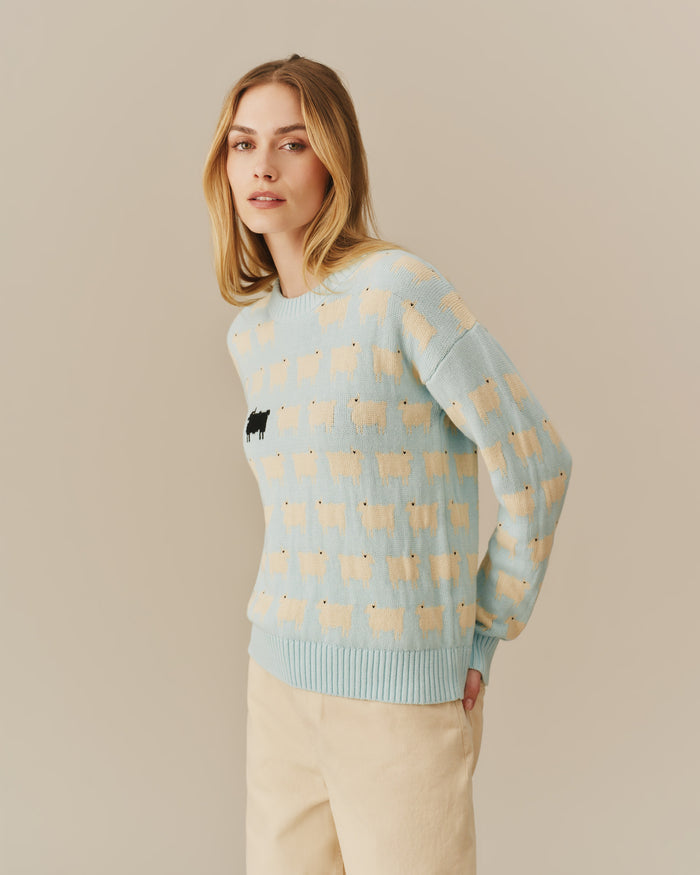 Warm & Wonderful Cotton Linen Crew Neck Sheep Sweater Blue