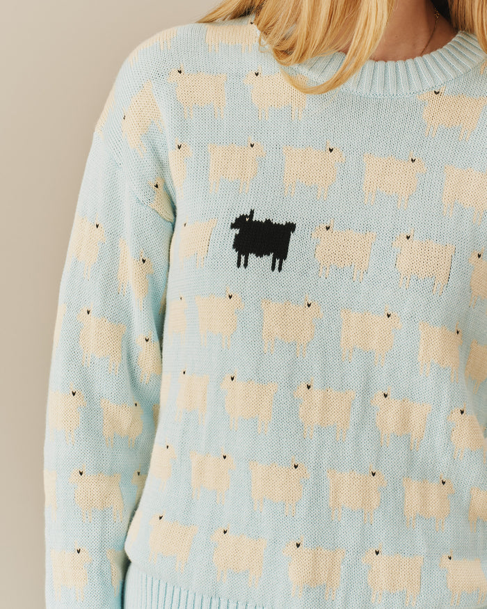 Warm & Wonderful Cotton Linen Crew Neck Sheep Sweater Blue