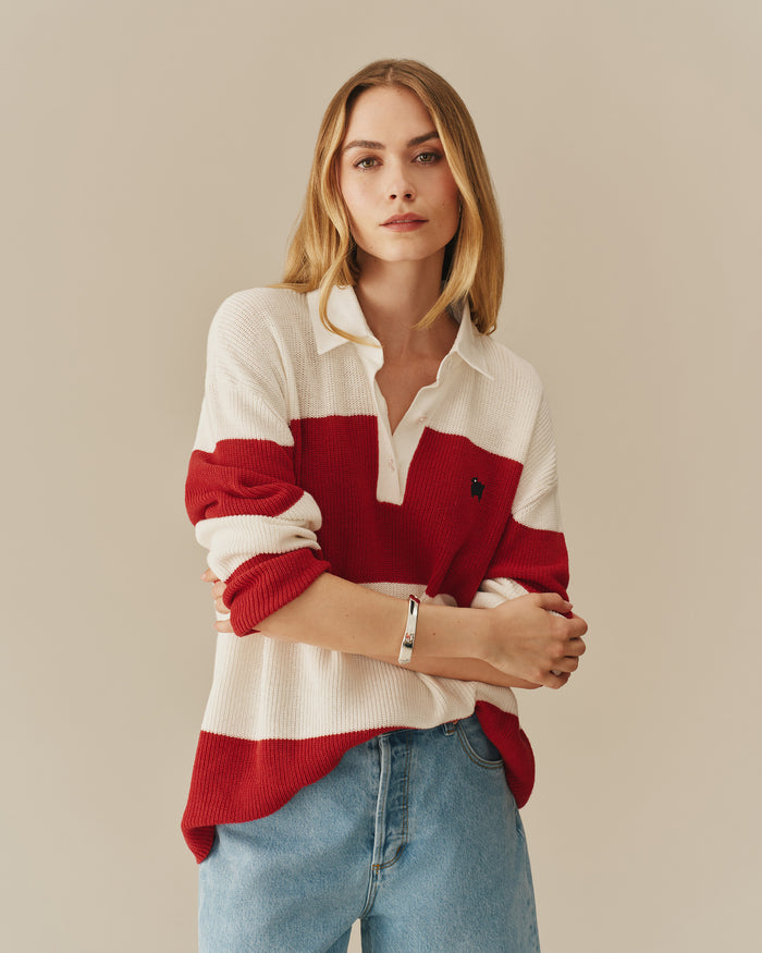Warm & Wonderful Cotton Linen Sheep Rugby Sweater Red & Cream